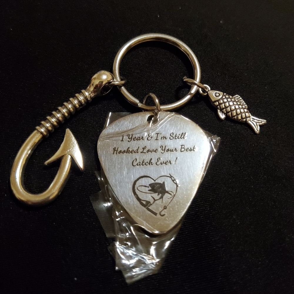 Keychain with Fish, Fishing Hook - 1 Year Anniversary Msg